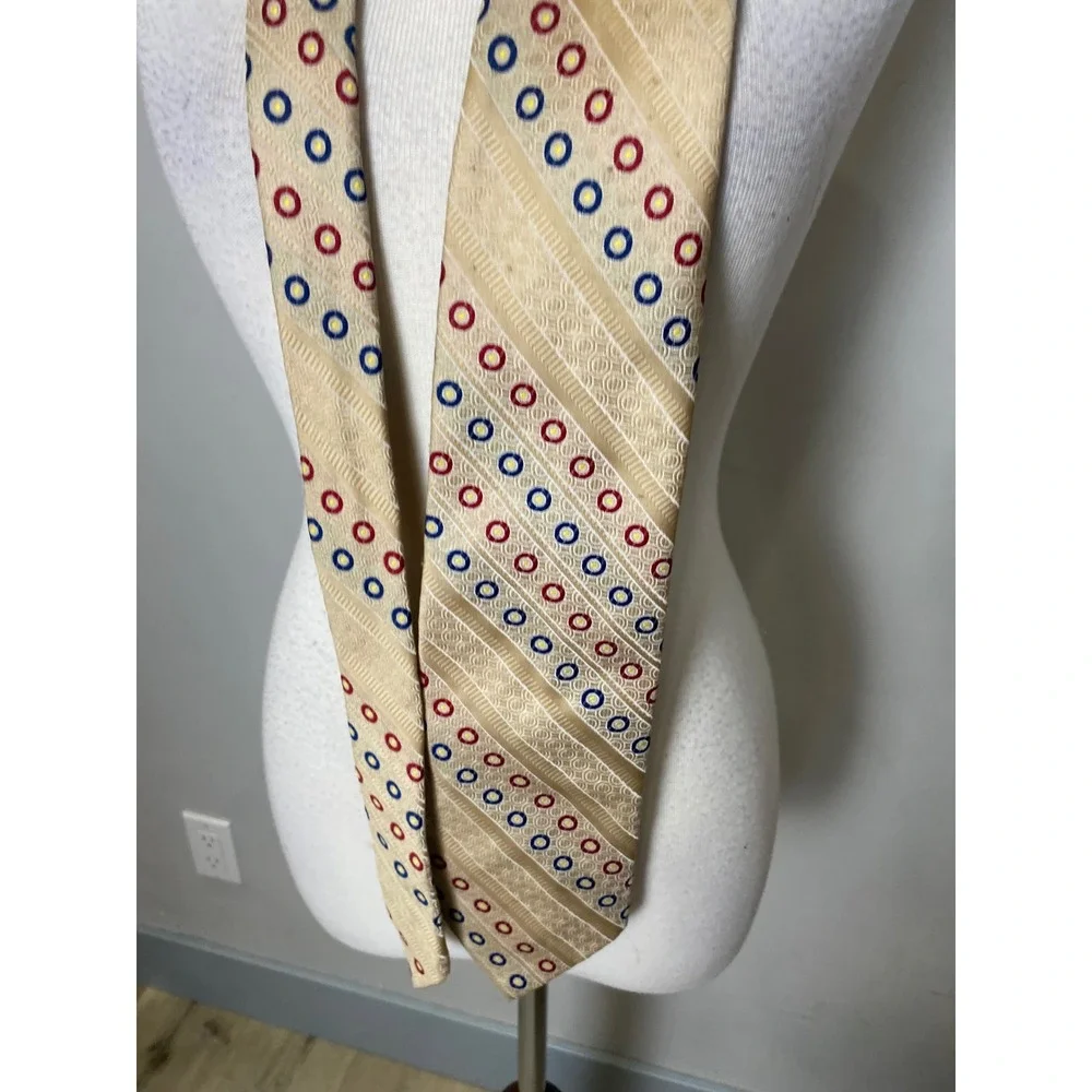 Vintage 70s Vesuvio Italy Mens Necktie Gold Red Blue Geometric Circle Stripe Tie